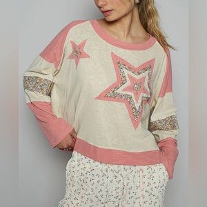 POL Sarah Top Women's Star Patchwork Star Pink and Cream Size Medium